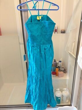 Maude Teal Smocked Halter Maxi Dress